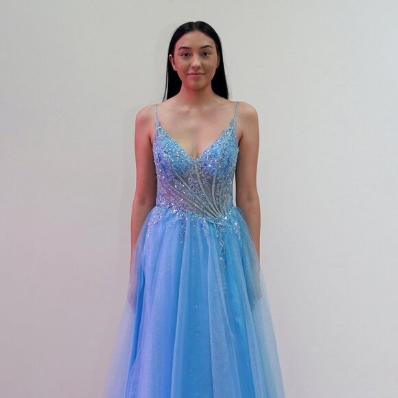 New Sleeveless Maxi Layered Beaded Ball Gown w/V-Neck & Spaghetti Straps JT2618U - Picture 1 of 8